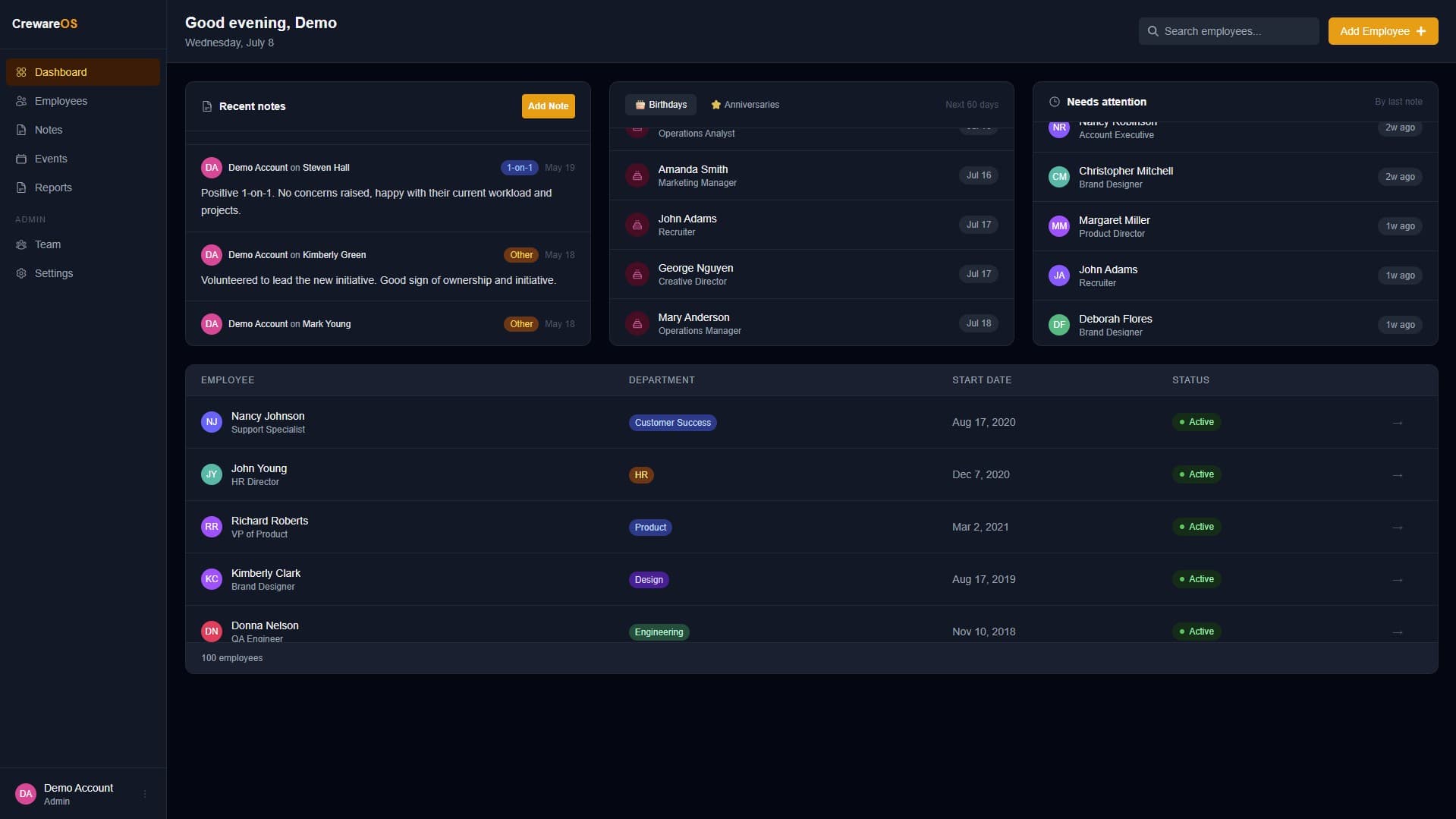 CrewareOS dashboard in dark mode